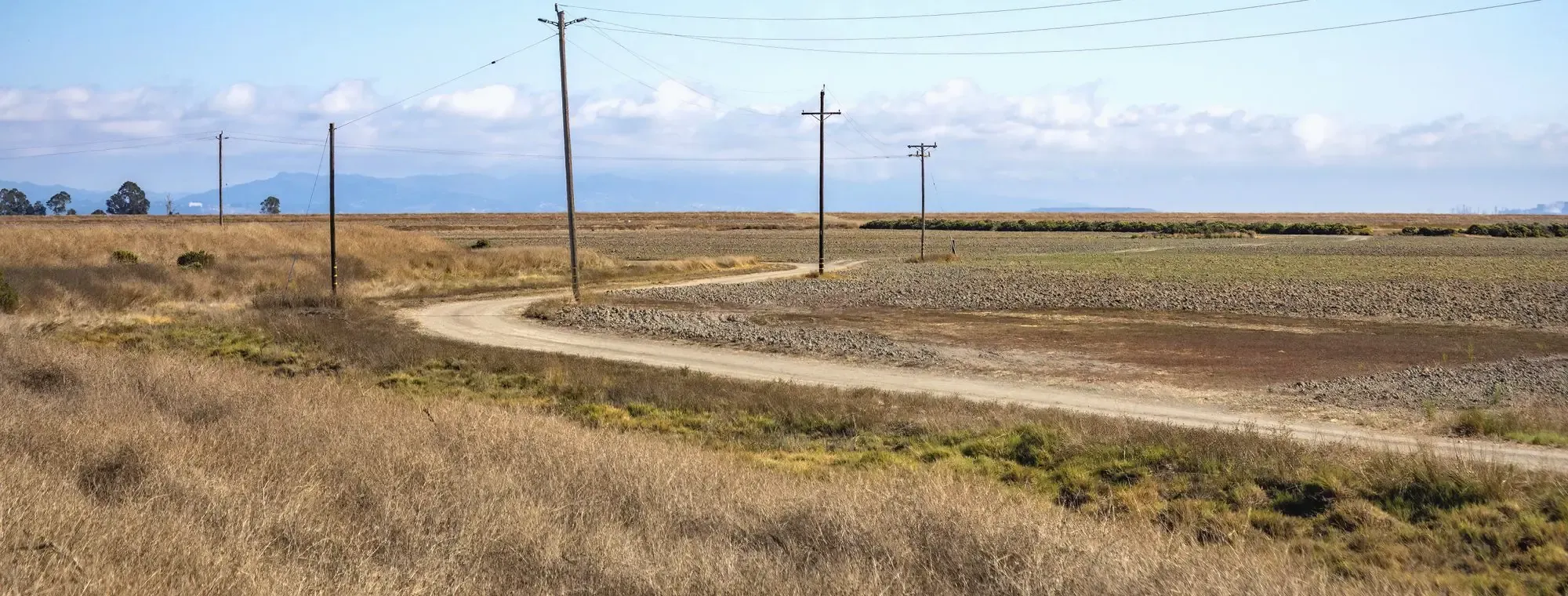 Postes de tendido eléctrico siguiendo un camino en un paisaje seco