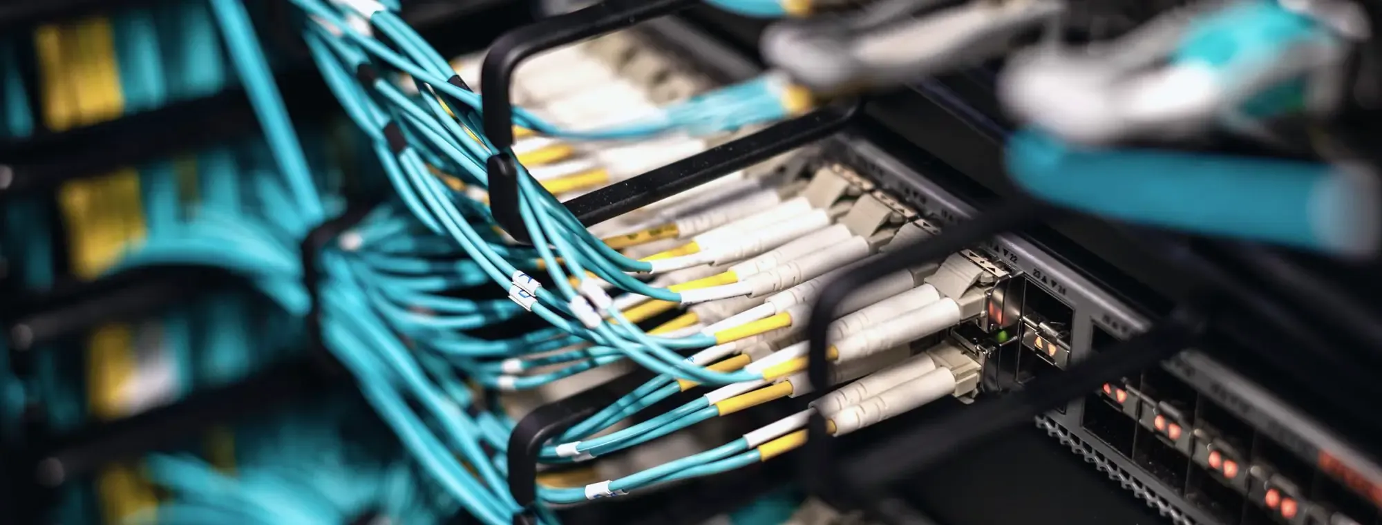 Panel de parcheo con latiguillos de fibra en un armario de comunicaciones